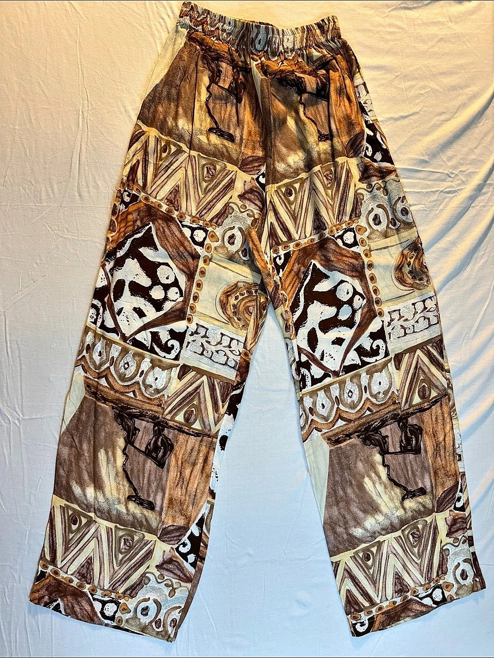 Vintage Britta Wide Leg Geometric Pants in Brown & White